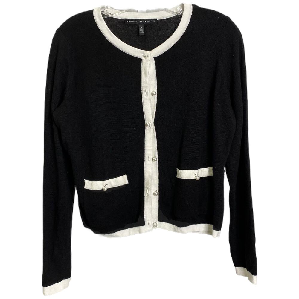 White House Black Market Women's Sz S Cardigan Pearl Buttons Black White Pocket
